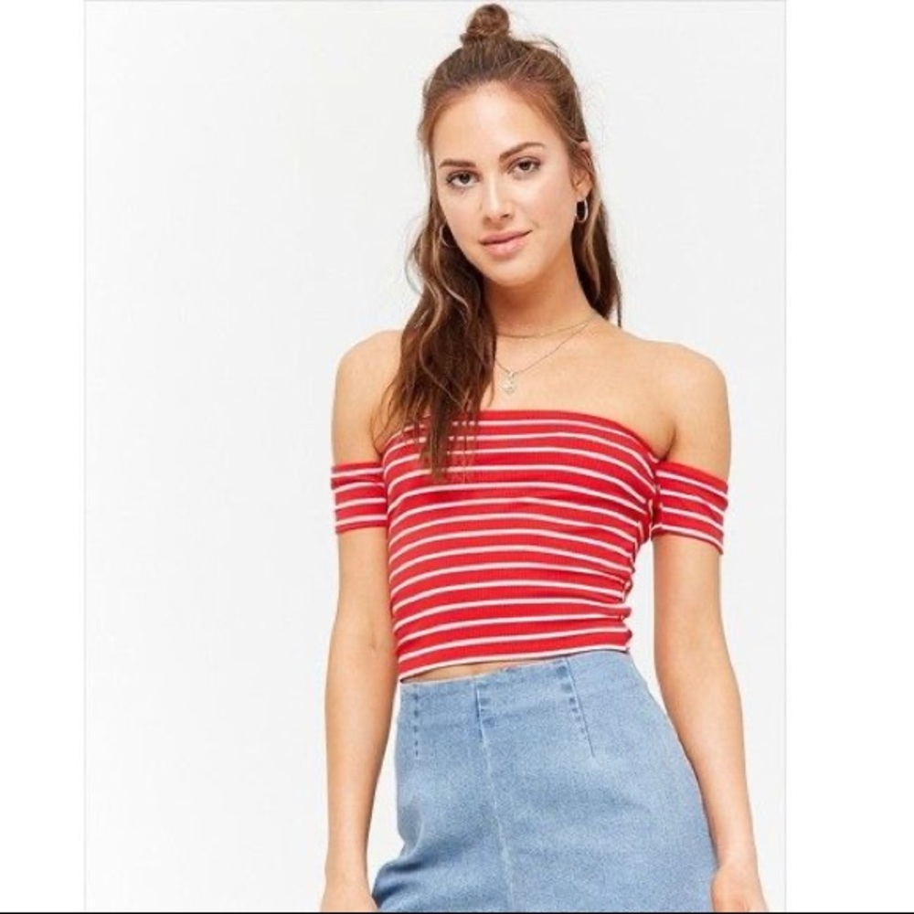 Red & White Striped Off Shoulder Crop Top